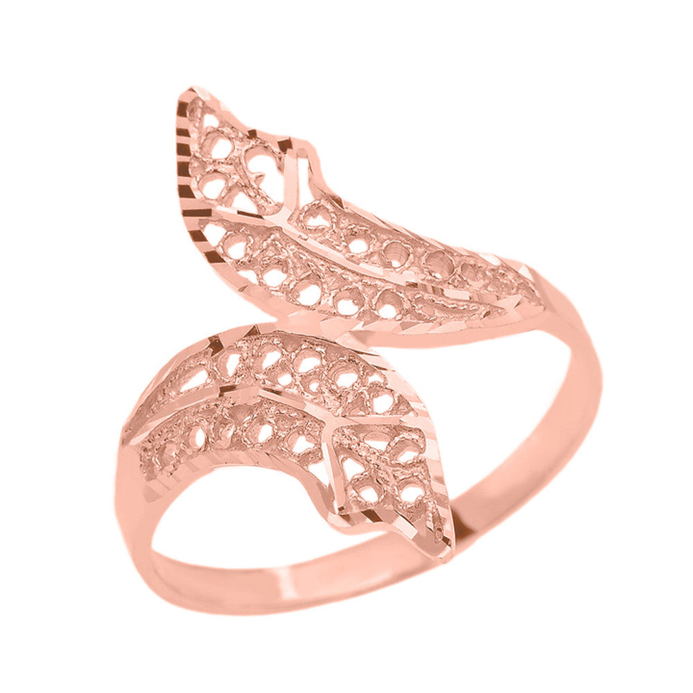 Gold Diamond Cut Filigree Double Leaf Ring, view 2