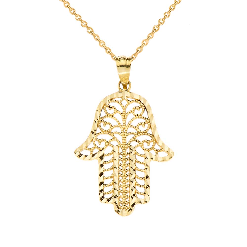 Gold Diamond Cut Filigree Hamsa Hand Pendant Necklace