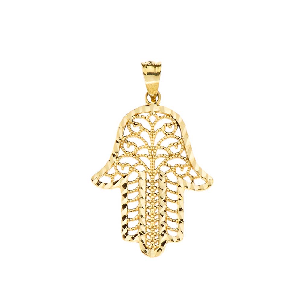 Gold Diamond Cut Filigree Hamsa Hand Pendant Necklace, view 2