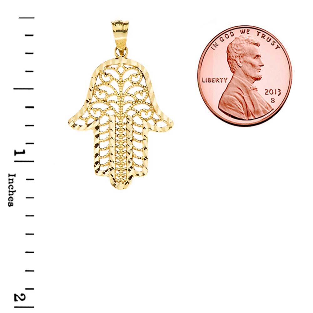Gold Diamond Cut Filigree Hamsa Hand Pendant Necklace, view 3