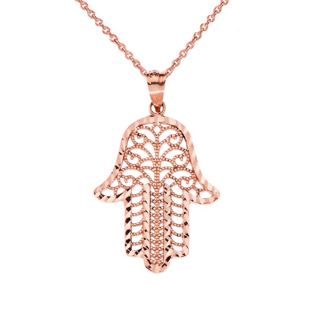 Gold Diamond Cut Filigree Hamsa Hand Pendant Necklace, view 4