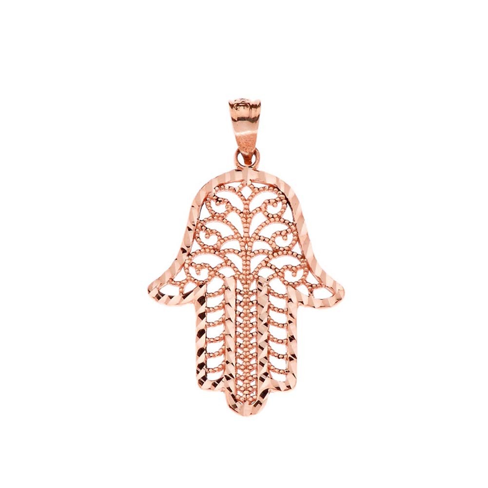 Gold Diamond Cut Filigree Hamsa Hand Pendant Necklace, view 5