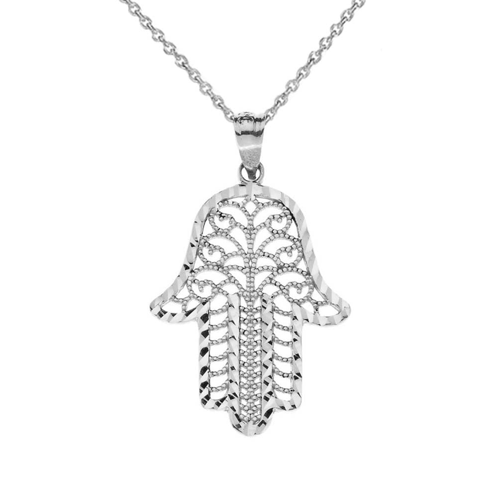 Gold Diamond Cut Filigree Hamsa Hand Pendant Necklace, view 6