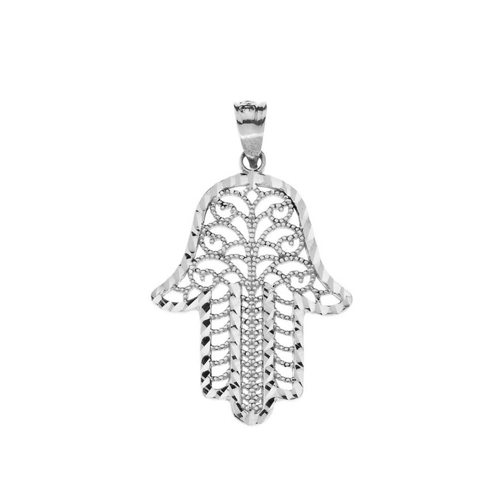 Gold Diamond Cut Filigree Hamsa Hand Pendant Necklace, view 7