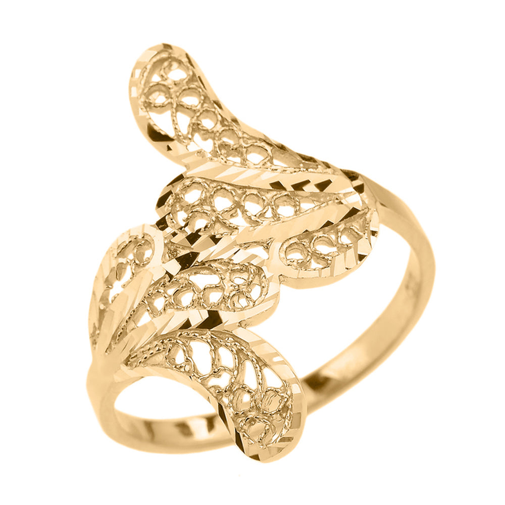 Gold Diamond Cut Filigree Leaf Ring
