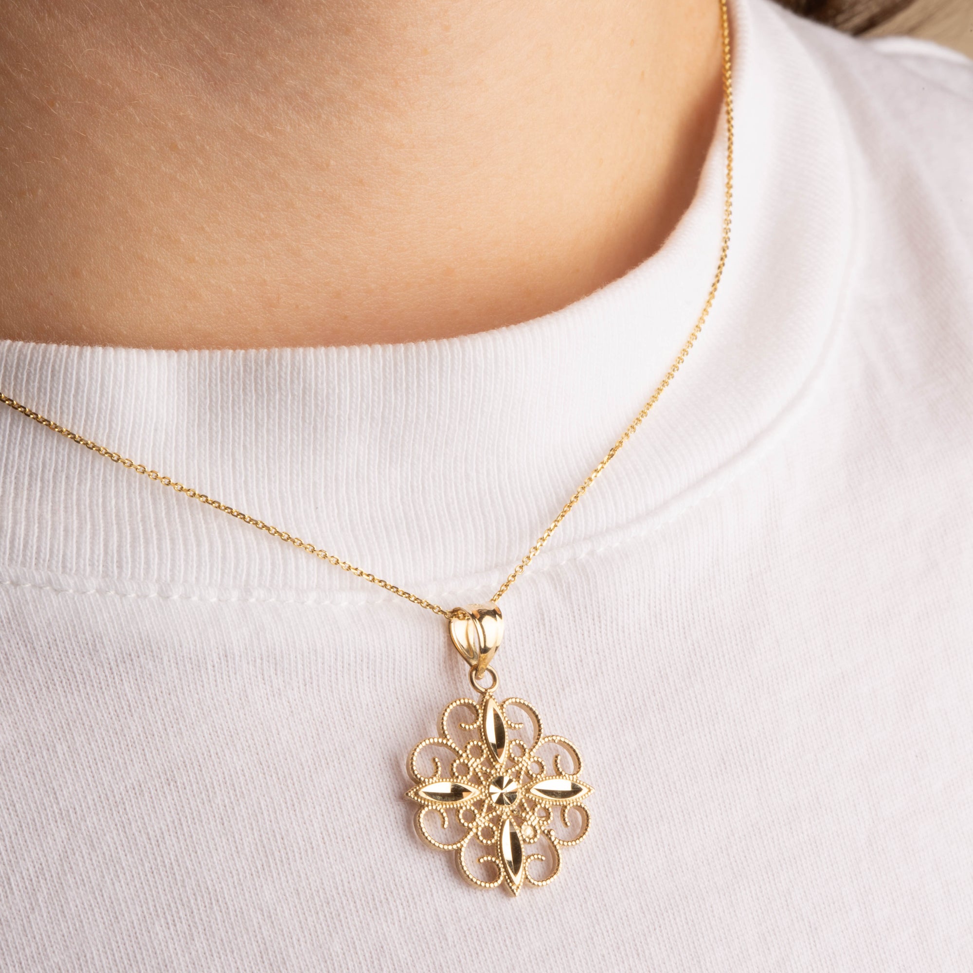 Gold Diamond Cut Filigree Pendant Necklace, view 2