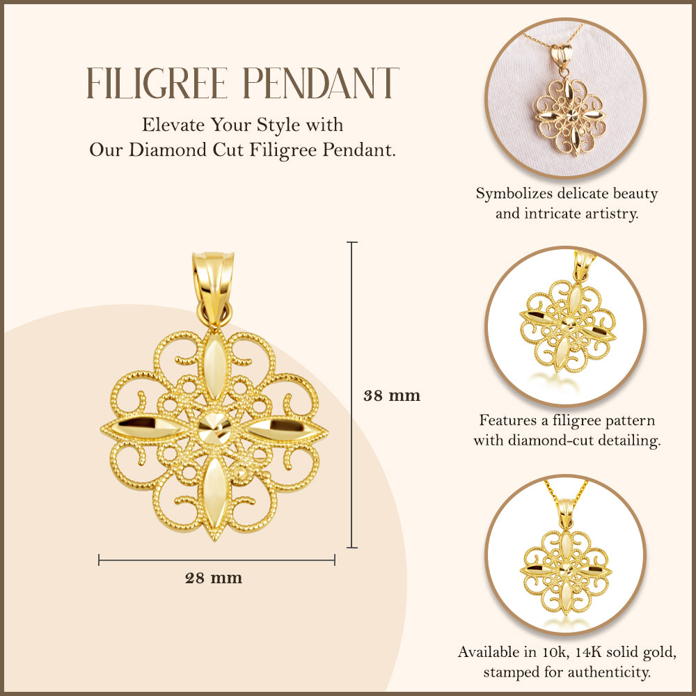 Gold Diamond Cut Filigree Pendant Necklace, view 3