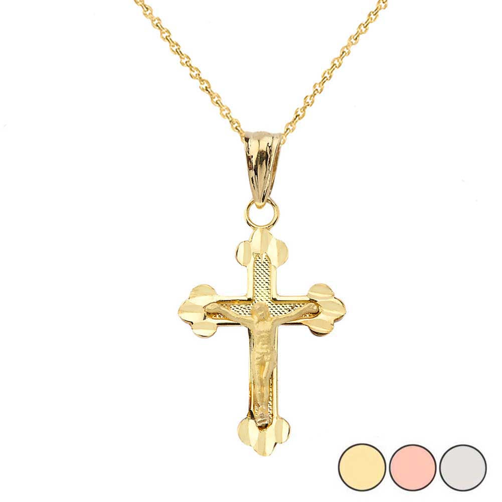 Gold Diamond Cut Greek Orthodox Cross Crucifix Pendant Necklace
