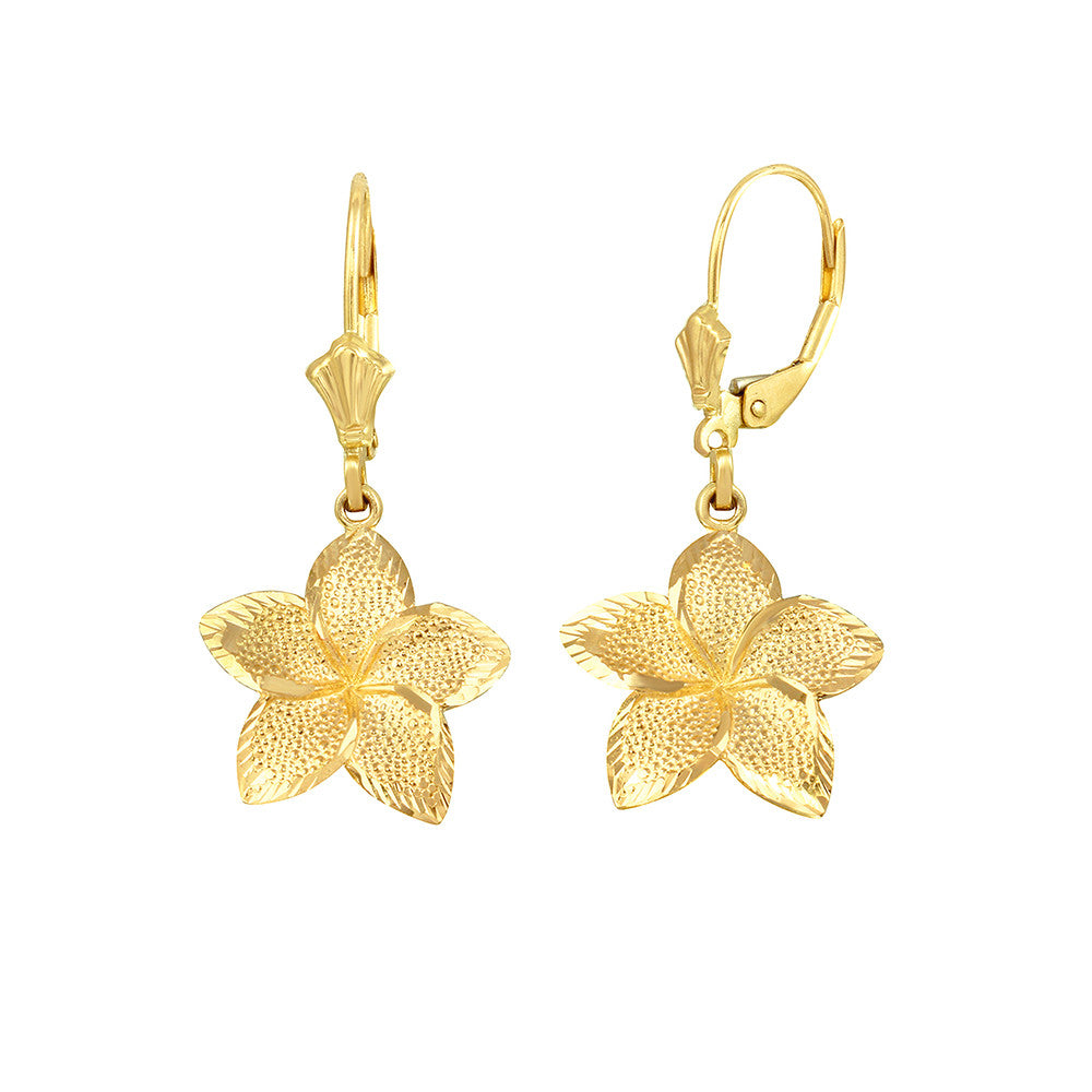 Gold Diamond Cut Hawaiian Plumeria Flower Leverback Earrings