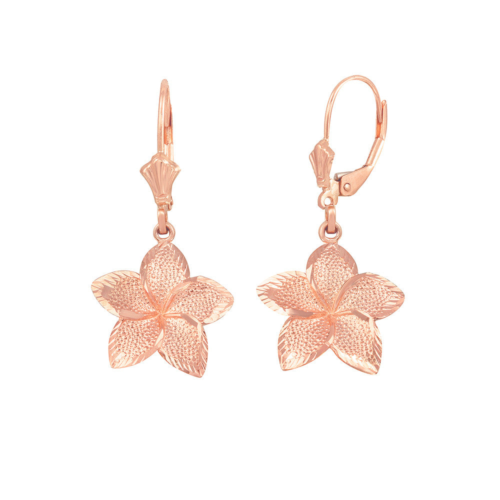 Gold Diamond Cut Hawaiian Plumeria Flower Leverback Earrings, view 2