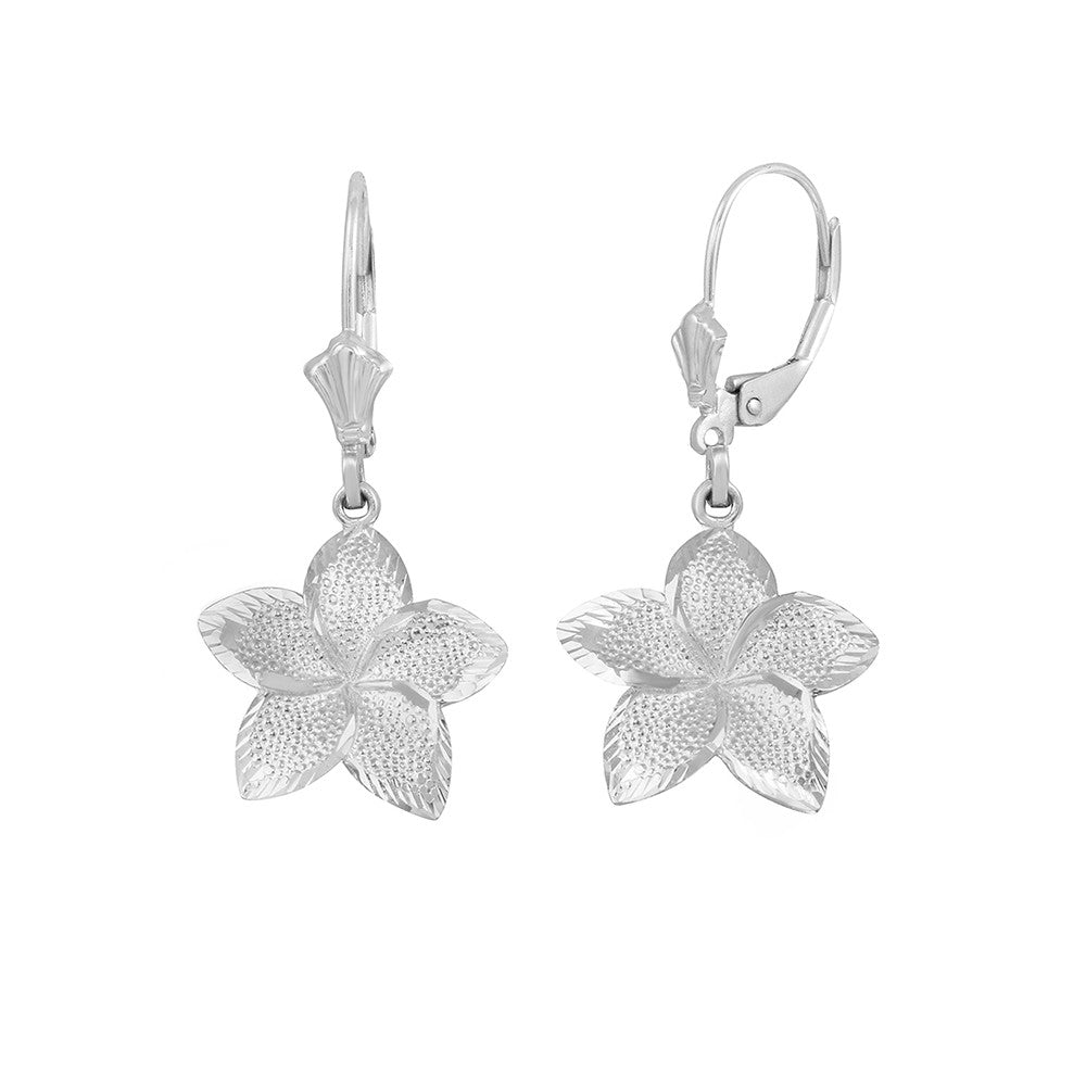 Gold Diamond Cut Hawaiian Plumeria Flower Leverback Earrings, view 3