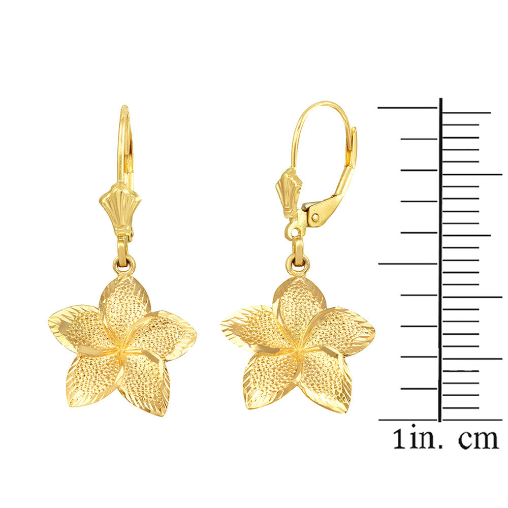 Gold Diamond Cut Hawaiian Plumeria Flower Leverback Earrings, view 4