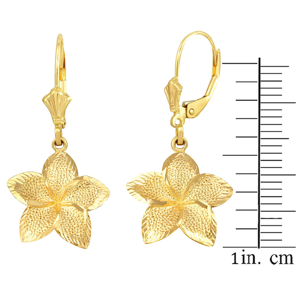 Gold Diamond Cut Hawaiian Plumeria Flower Leverback Earrings, view 5