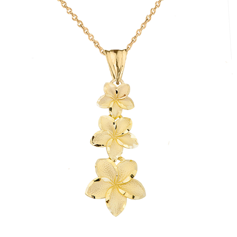 Gold Diamond Cut Hawaiian Plumeria Flower Pendant Necklace