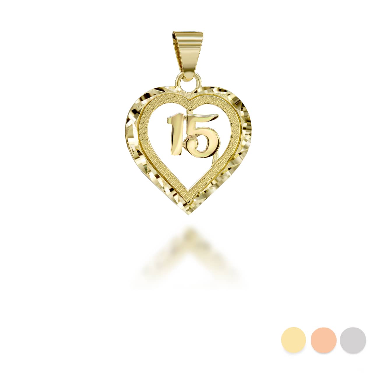 Gold Diamond Cut Heart 15 Años Quinceañera Textured Pendant Necklace