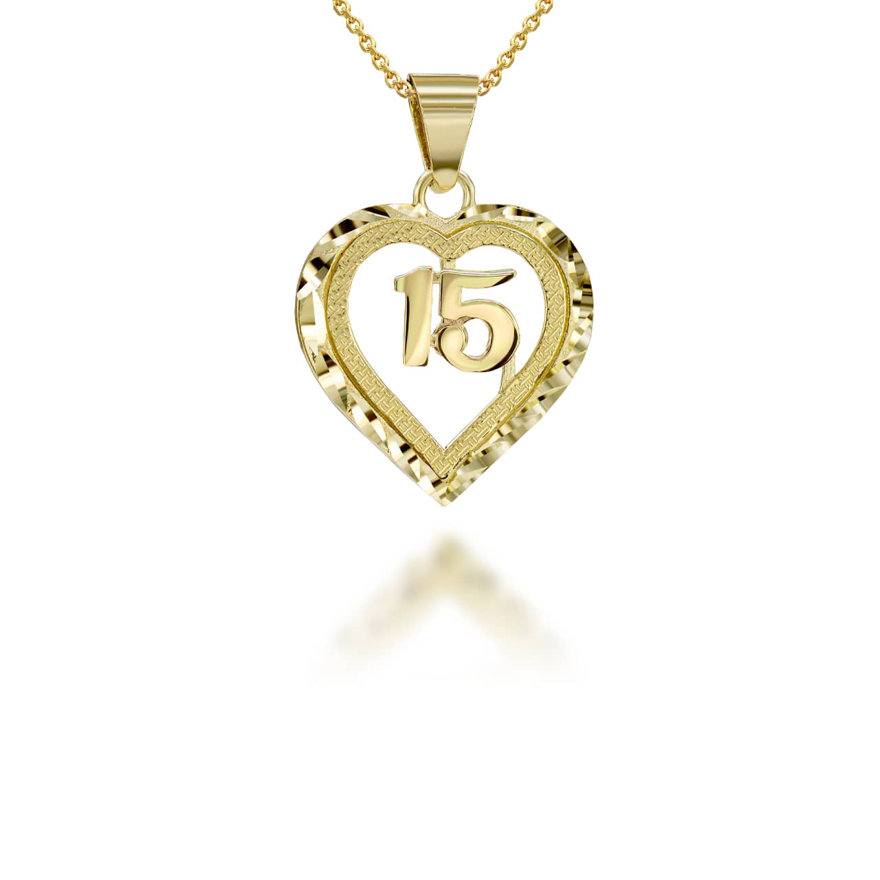 Gold Diamond Cut Heart 15 Años Quinceañera Textured Pendant Necklace, view 2