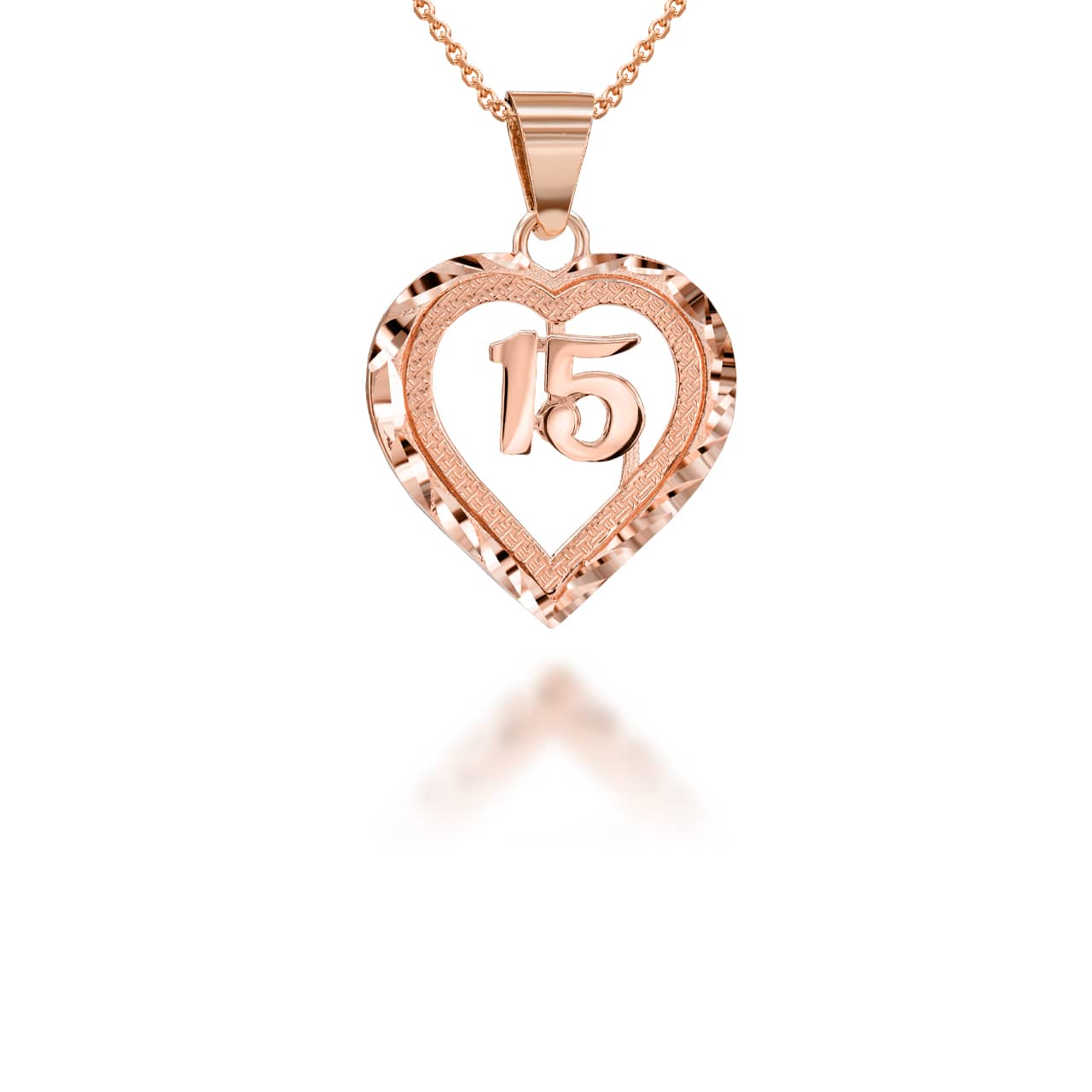 Gold Diamond Cut Heart 15 Años Quinceañera Textured Pendant Necklace, view 3