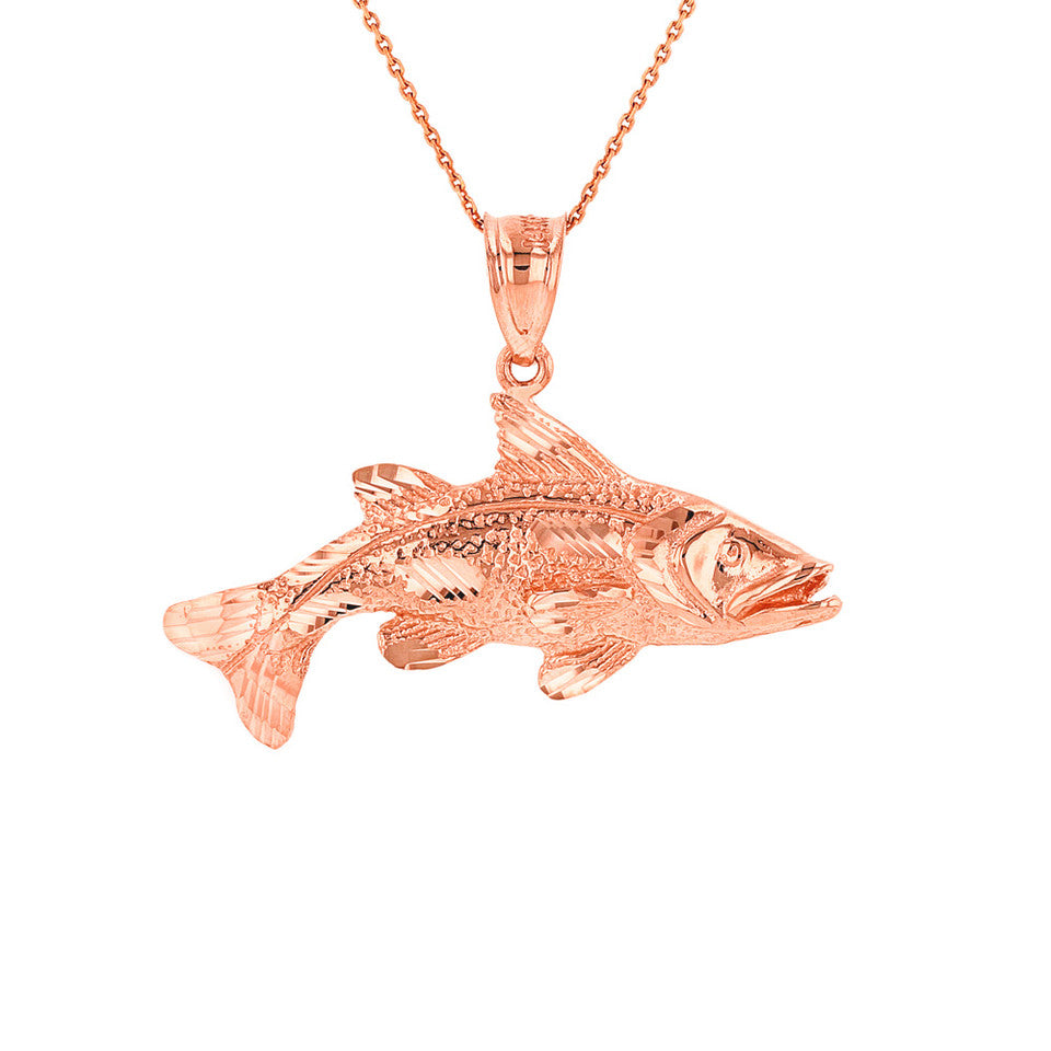 Gold Diamond Cut Largemouth Bass Fish Pendant Necklace, view 6