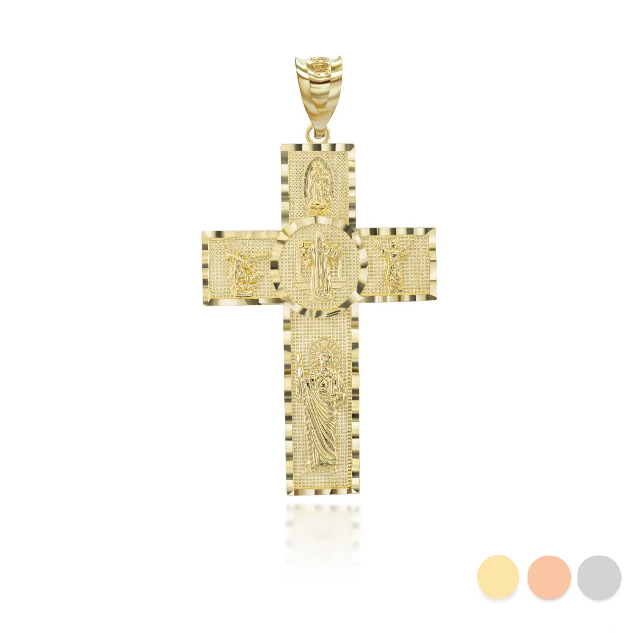 Gold Diamond Cut Patron Saint Beaded Cross Pendant Necklace