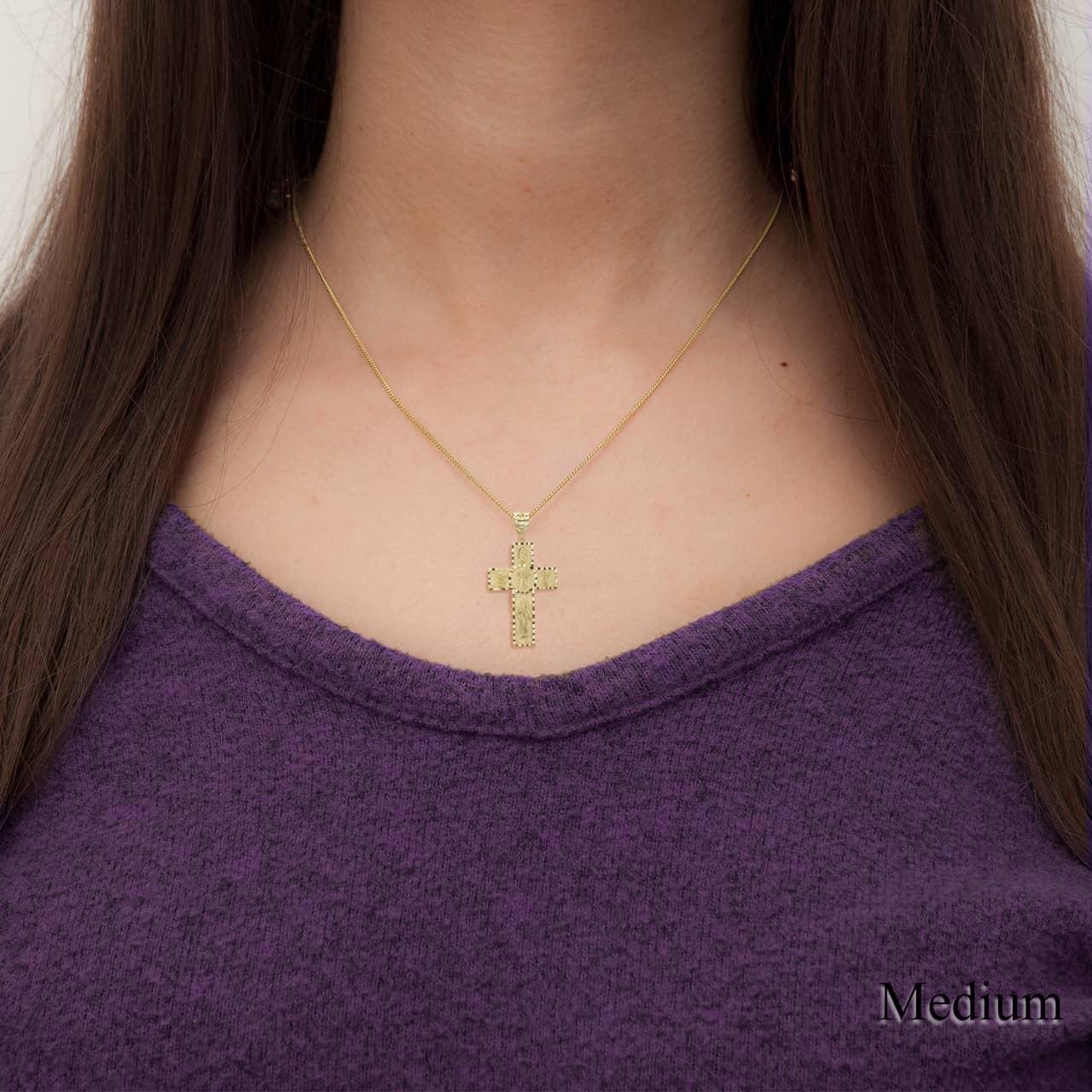 Gold Diamond Cut Patron Saint Beaded Cross Pendant Necklace, view 2