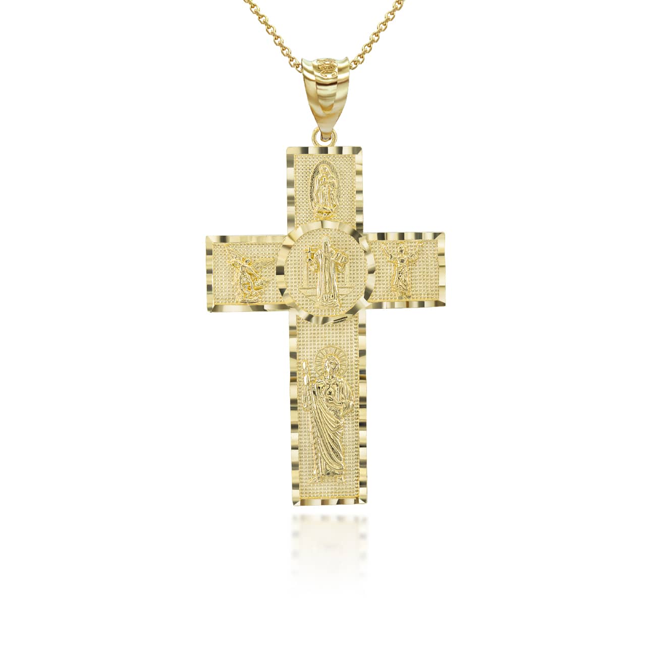 Gold Diamond Cut Patron Saint Beaded Cross Pendant Necklace, view 5