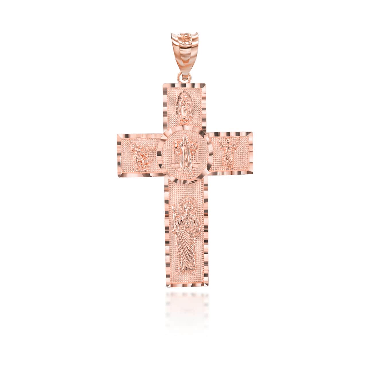 Gold Diamond Cut Patron Saint Beaded Cross Pendant Necklace, view 6