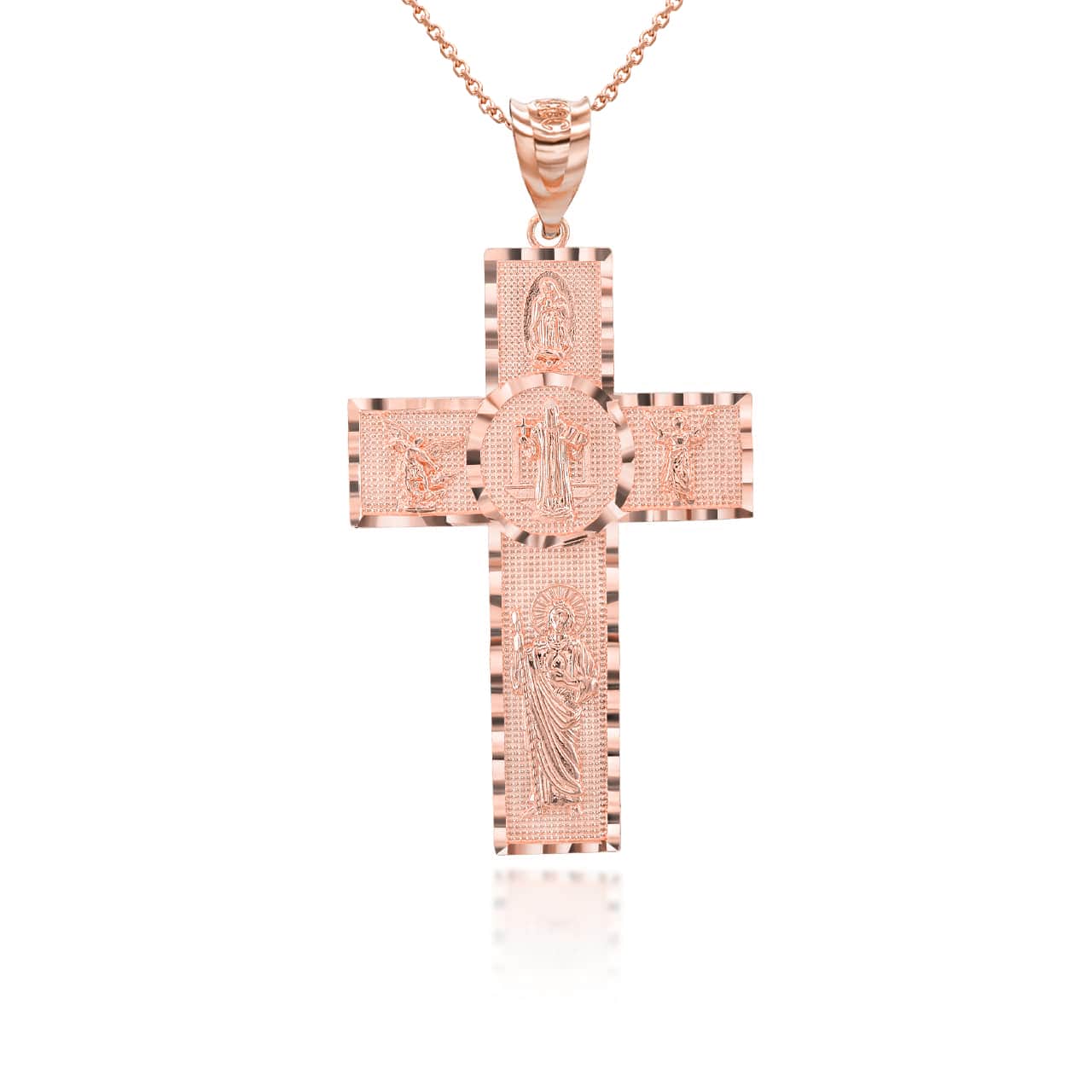 Gold Diamond Cut Patron Saint Beaded Cross Pendant Necklace, view 7