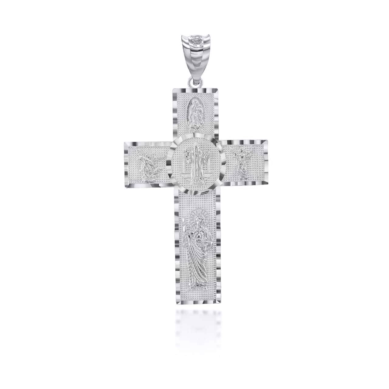 Gold Diamond Cut Patron Saint Beaded Cross Pendant Necklace, view 8