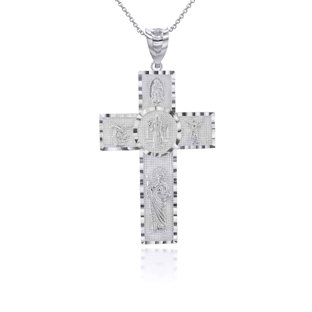 Gold Diamond Cut Patron Saint Beaded Cross Pendant Necklace, view 9