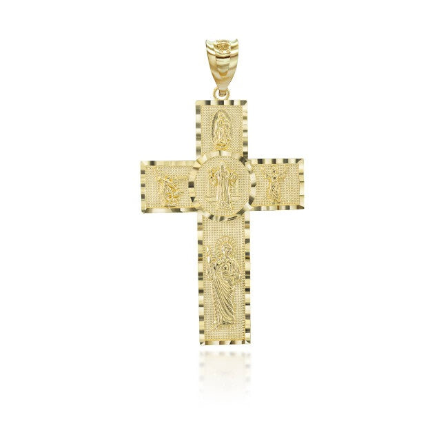 Gold Diamond Cut Patron Saint Beaded Cross Pendant Necklace, view 10