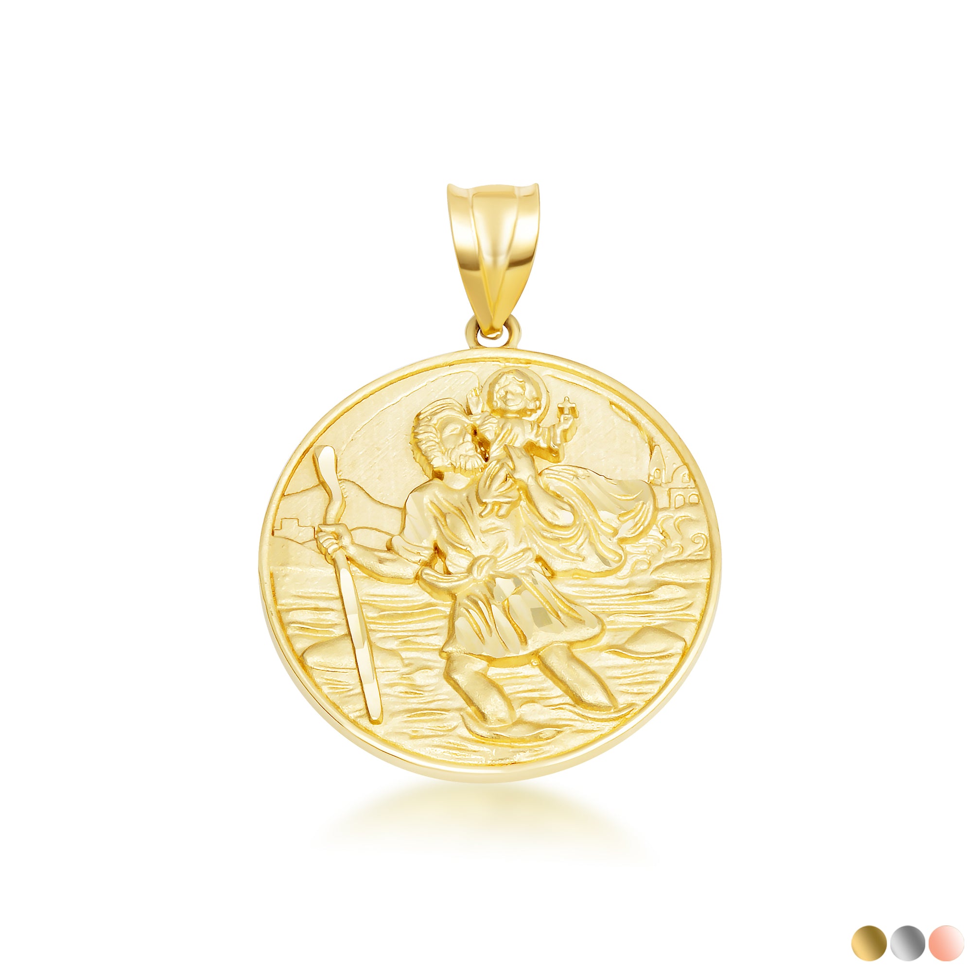Gold Diamond Cut Patron Saint Christopher Medallion Pendant Necklace