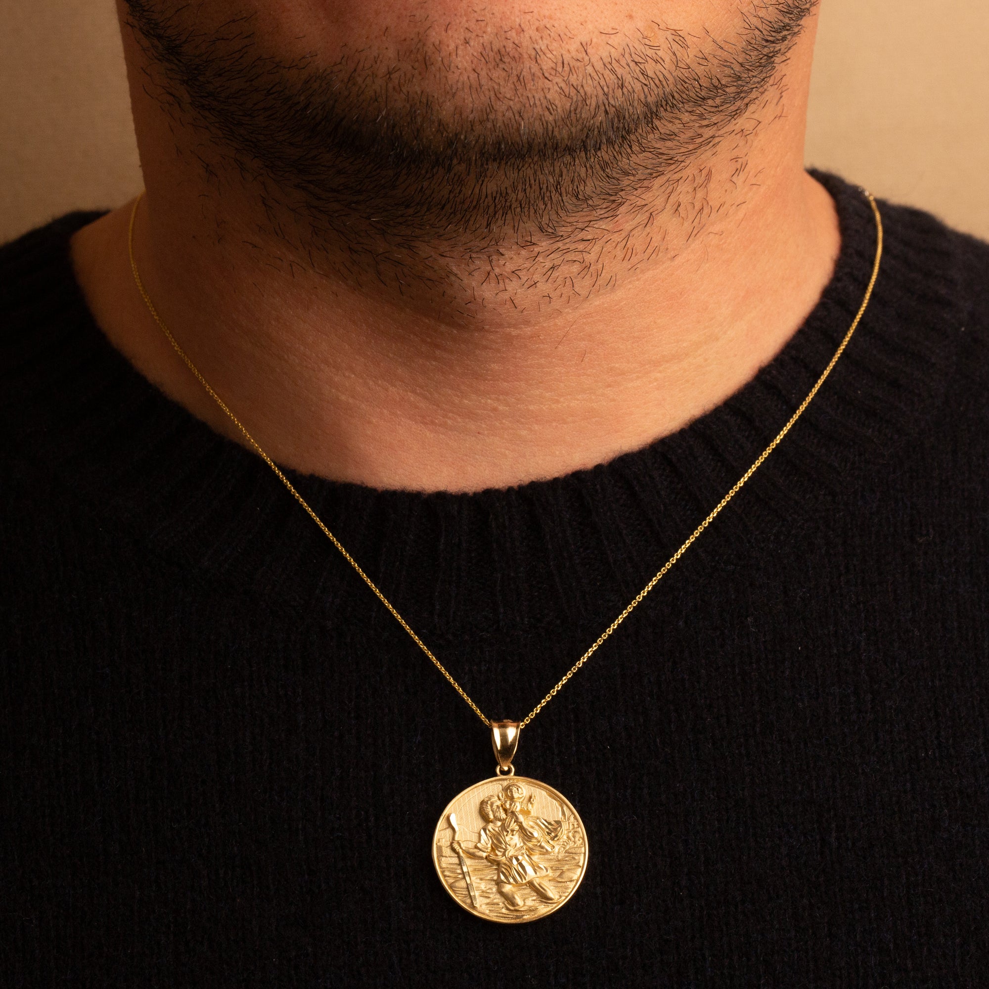 Gold Diamond Cut Patron Saint Christopher Medallion Pendant Necklace, view 2