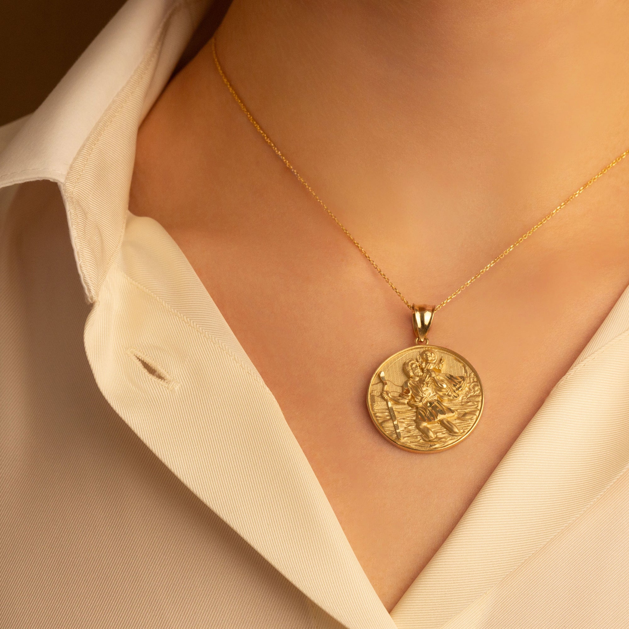 Gold Diamond Cut Patron Saint Christopher Medallion Pendant Necklace, view 3