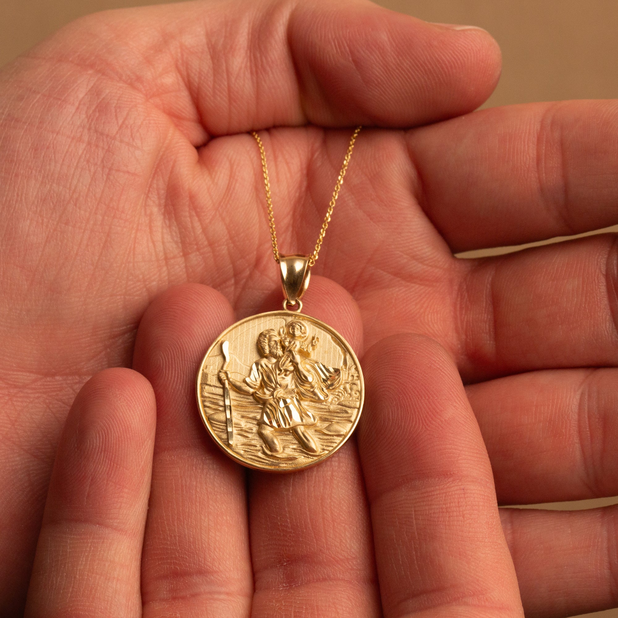 Gold Diamond Cut Patron Saint Christopher Medallion Pendant Necklace, view 4