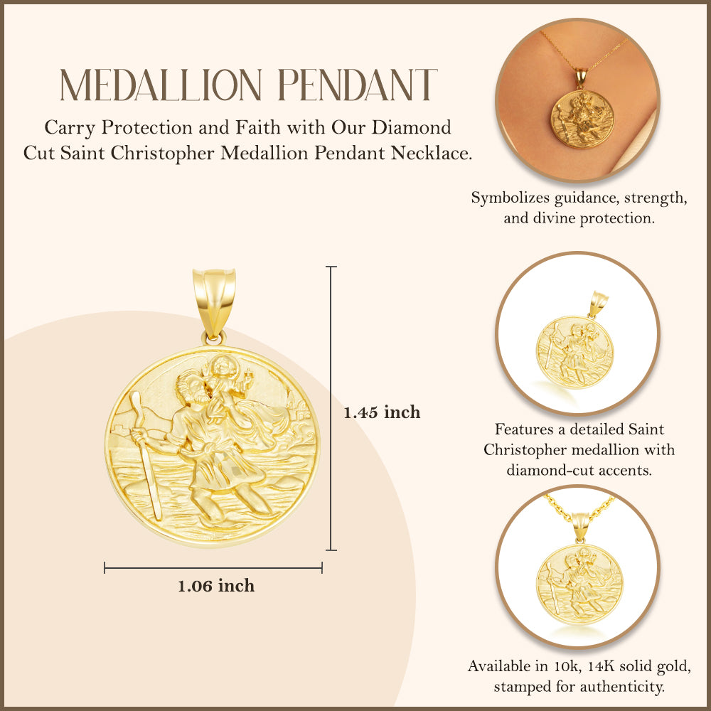 Gold Diamond Cut Patron Saint Christopher Medallion Pendant Necklace, view 5
