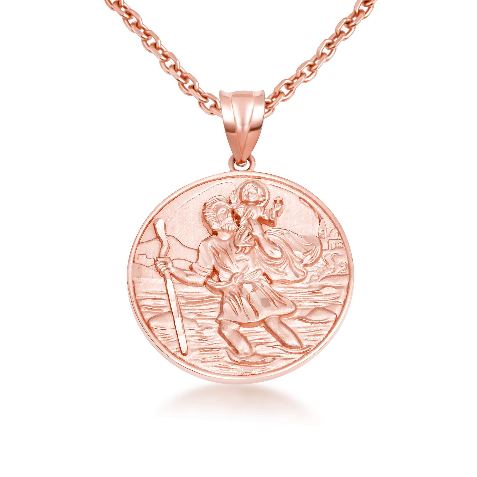 Gold Diamond Cut Patron Saint Christopher Medallion Pendant Necklace, view 9