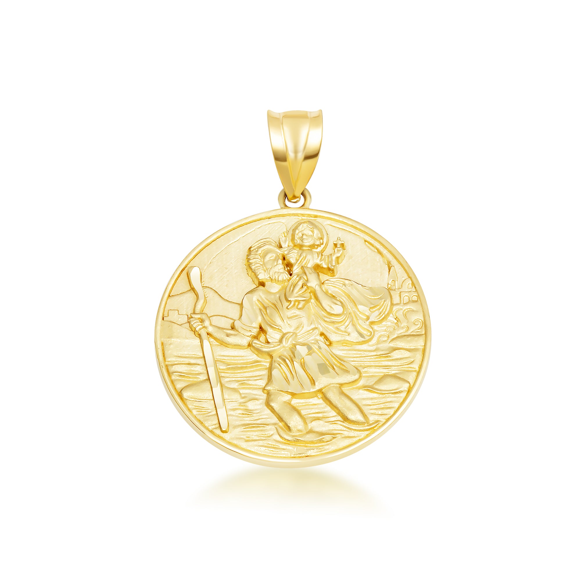 Gold Diamond Cut Patron Saint Christopher Medallion Pendant Necklace, view 10