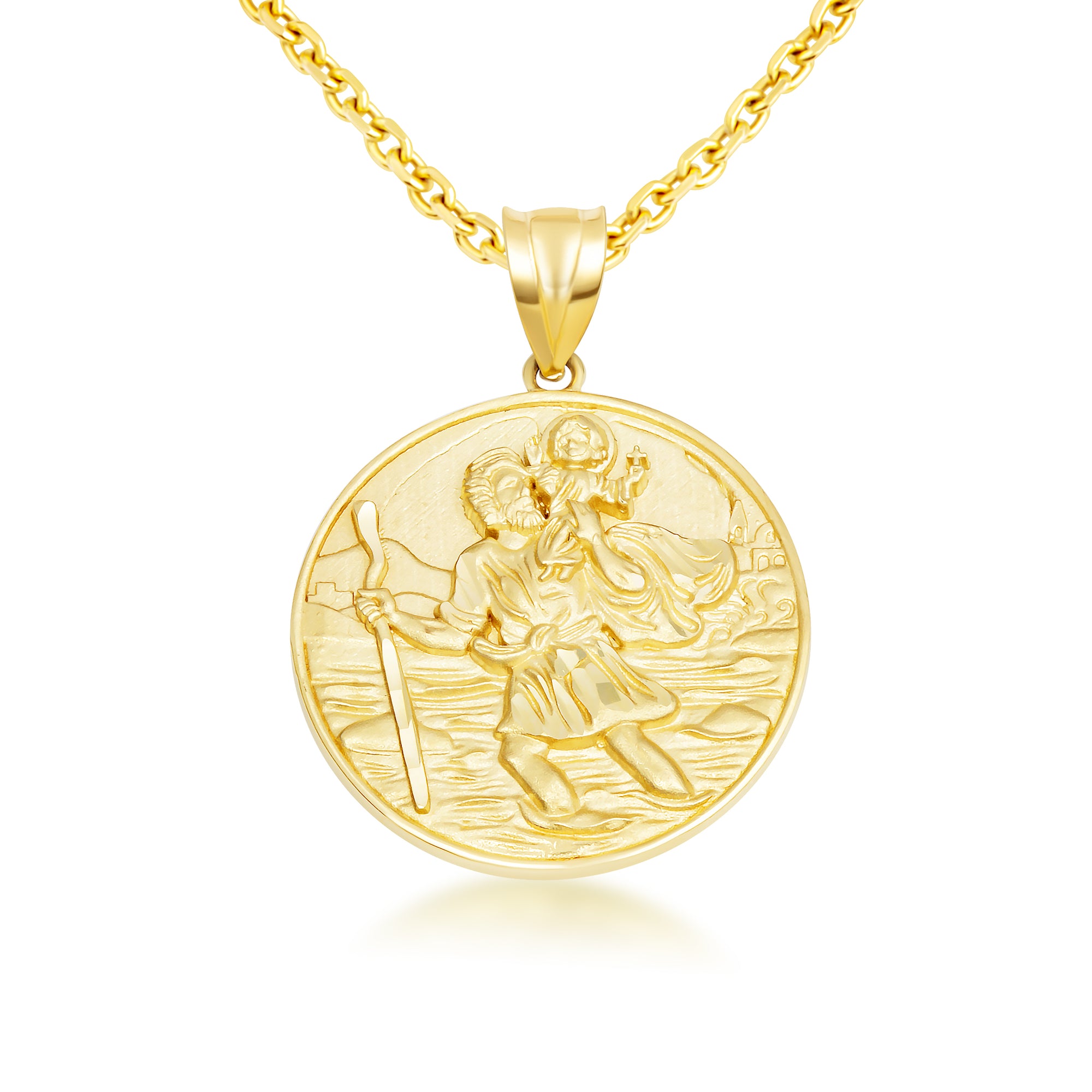 Gold Diamond Cut Patron Saint Christopher Medallion Pendant Necklace, view 11