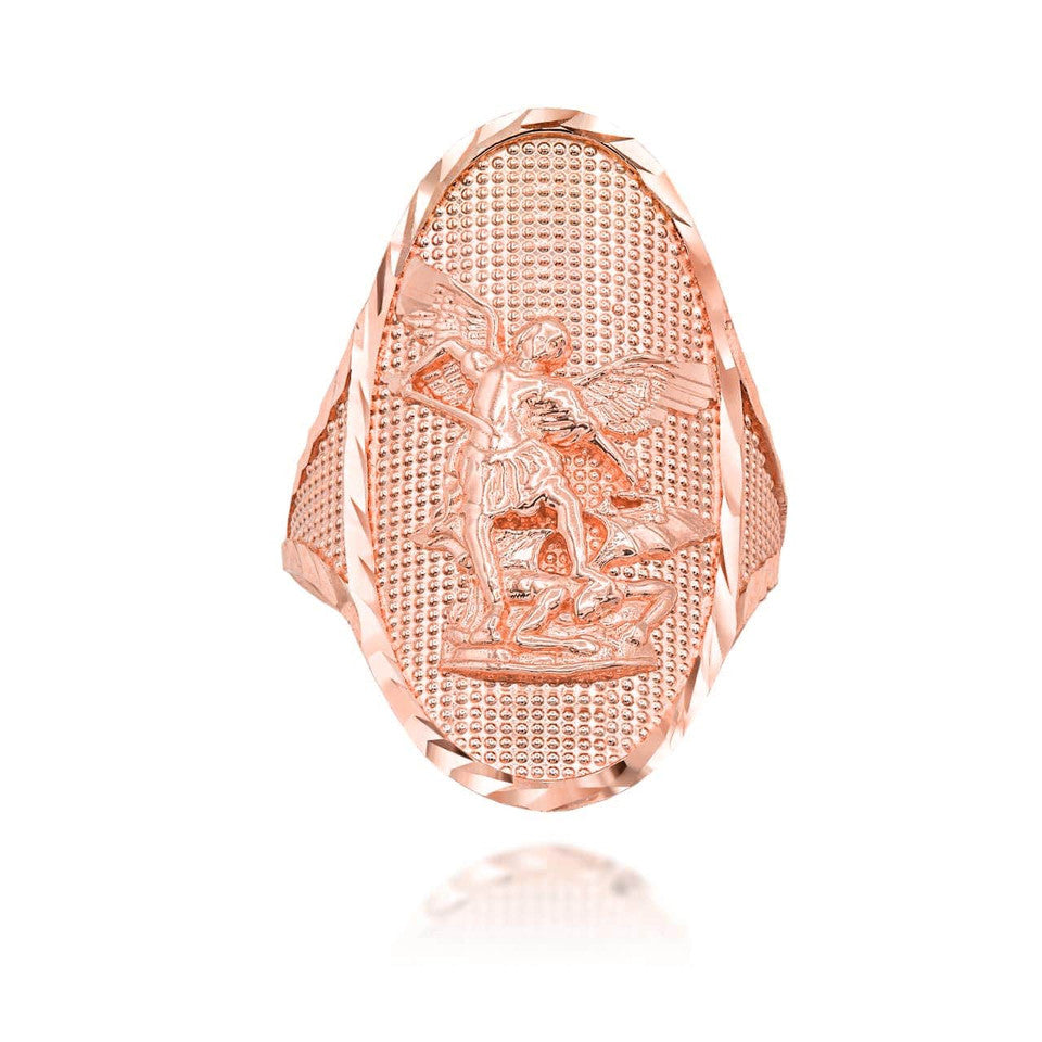 Gold Diamond Cut Patron Saint Michael Archangel Beaded Oval Signet Ring, view 4