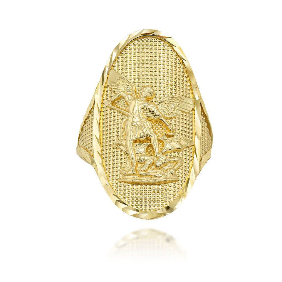 Gold Diamond Cut Patron Saint Michael Archangel Beaded Oval Signet Ring, view 6