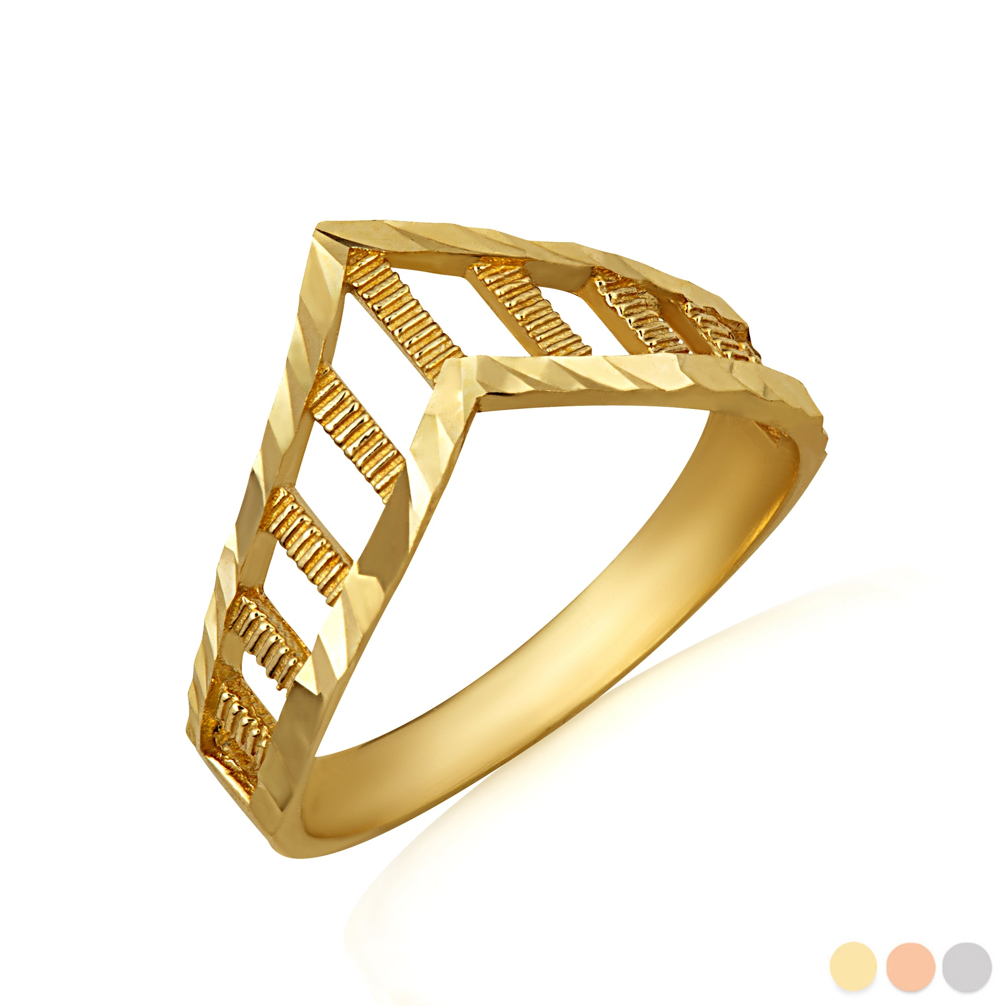 Gold Diamond Cut Striped Chevron Ring