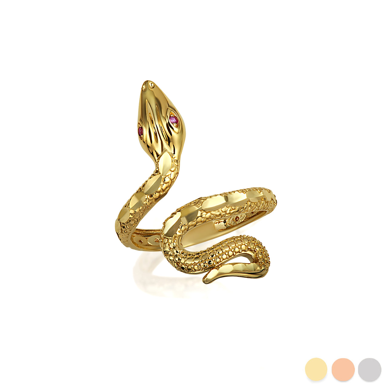 Gold Diamond Cut Textured Snake Ruby Birthstone Ring