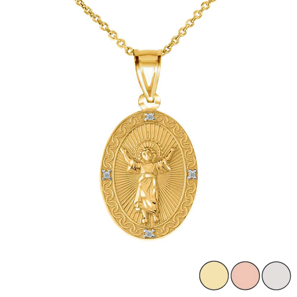 Gold Diamond Divino Niño Jesus Oval Medallion Pendant Necklace