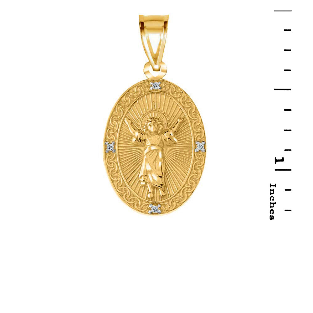 Gold Diamond Divino Niño Jesus Oval Medallion Pendant Necklace, view 2