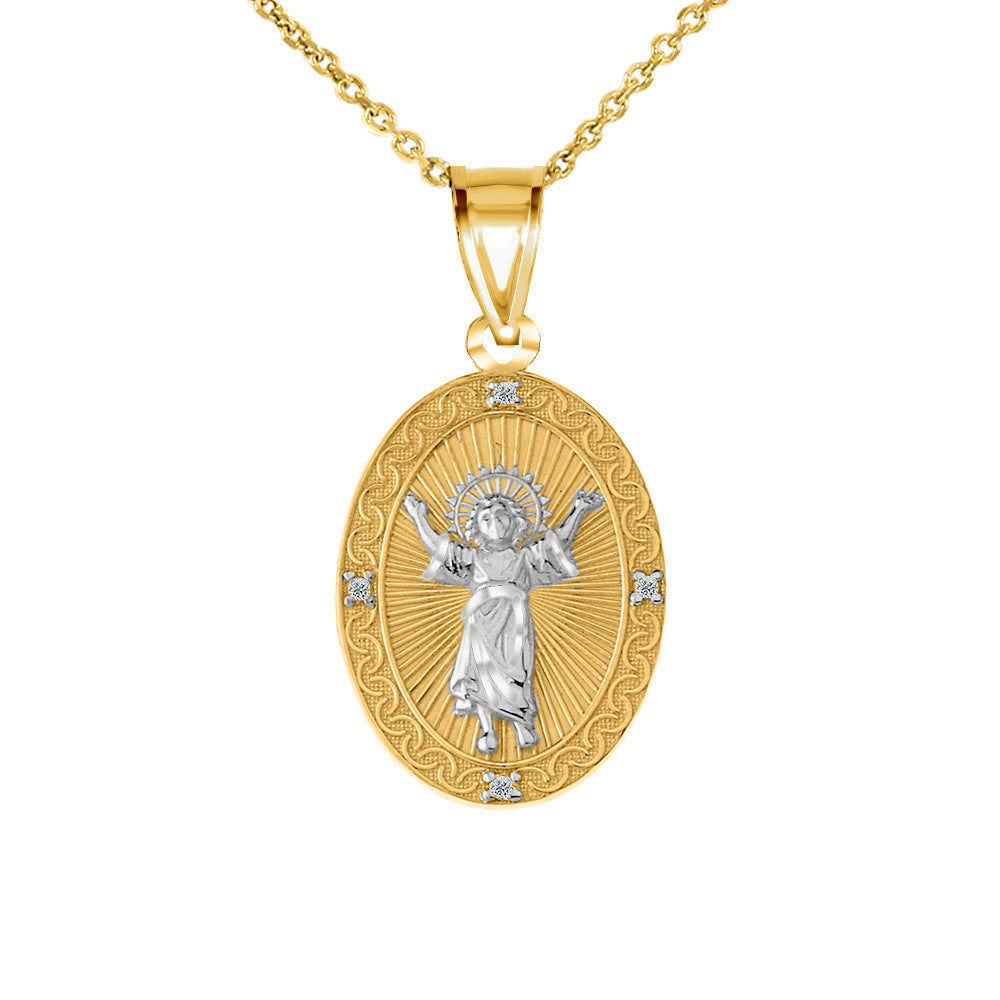 Gold Diamond Divino Niño Jesus Oval Medallion Pendant Necklace, view 6