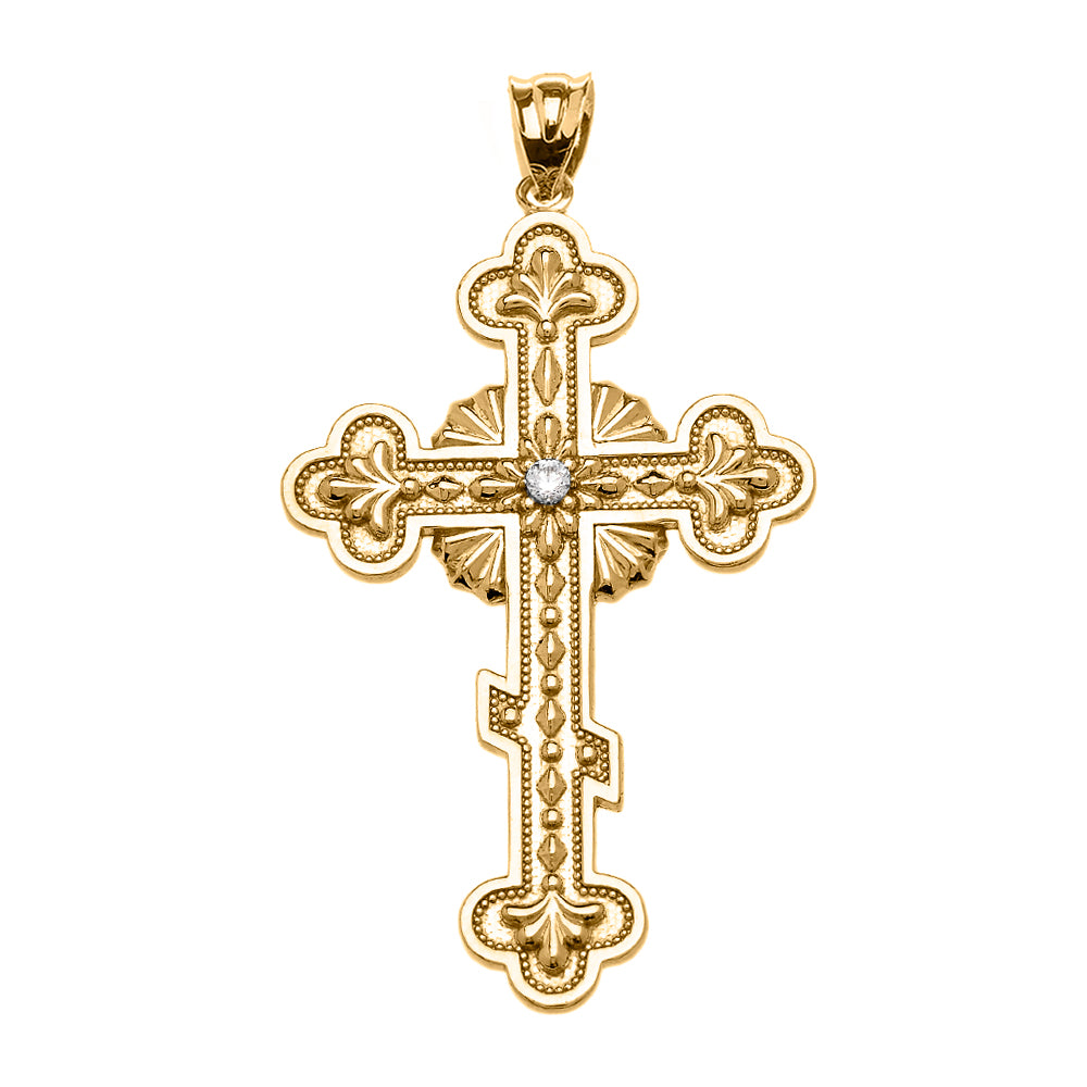 Gold Diamond Eastern Orthodox Cross Milgrain Pendant Necklace, view 2