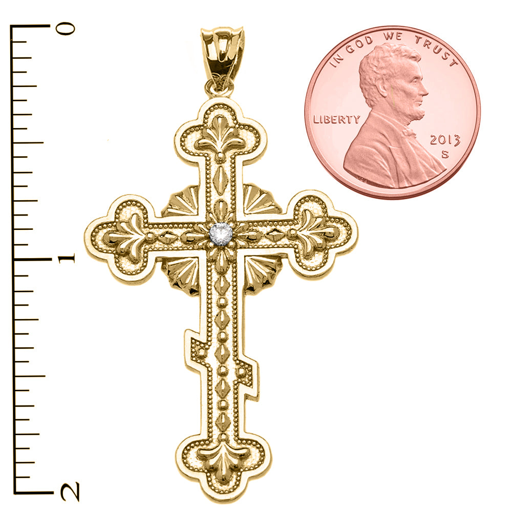 Gold Diamond Eastern Orthodox Cross Milgrain Pendant Necklace, view 3