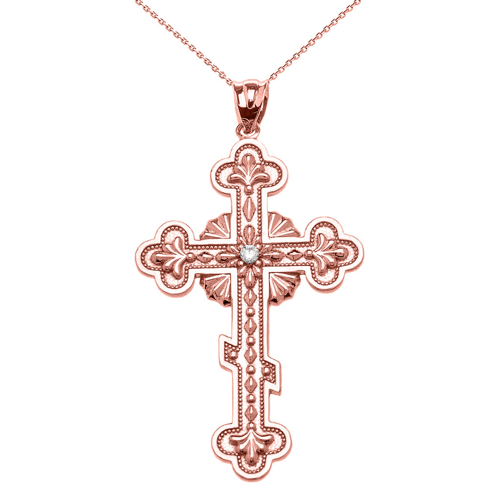 Gold Diamond Eastern Orthodox Cross Milgrain Pendant Necklace, view 4