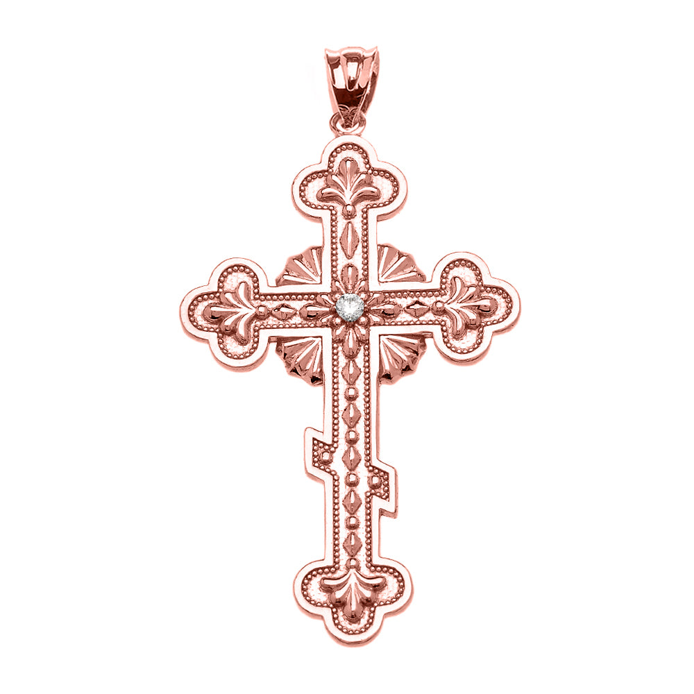 Gold Diamond Eastern Orthodox Cross Milgrain Pendant Necklace, view 5