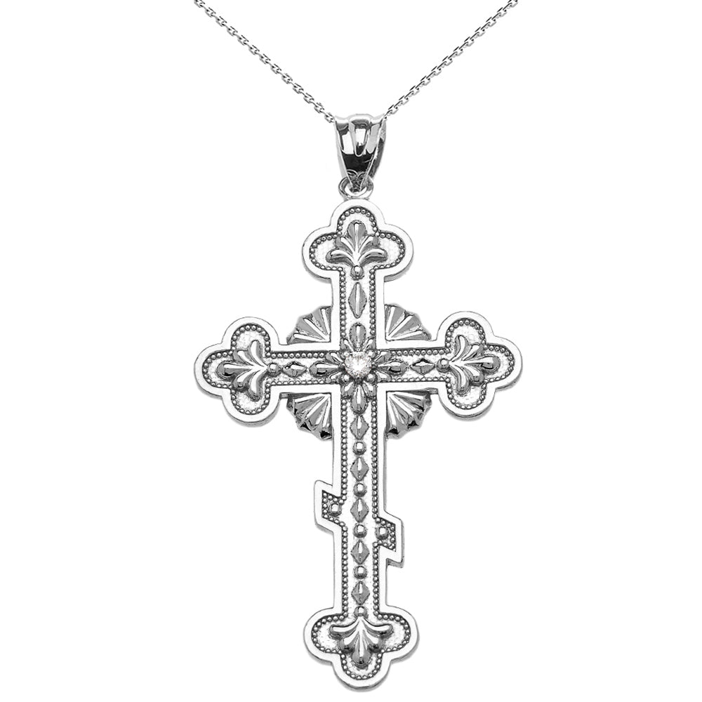 Gold Diamond Eastern Orthodox Cross Milgrain Pendant Necklace, view 6
